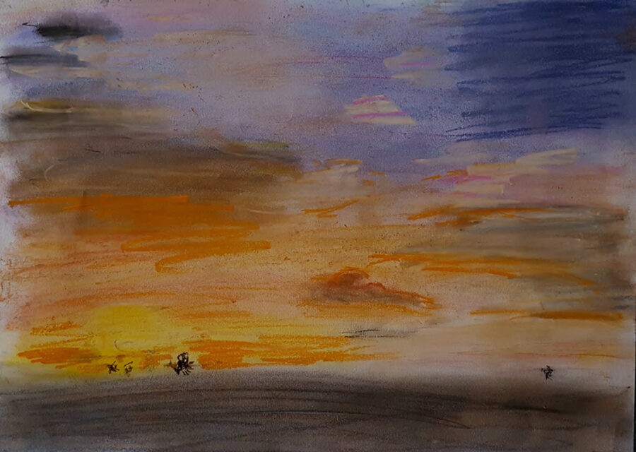 Dessin au pastel représentant un coucher de soleil.